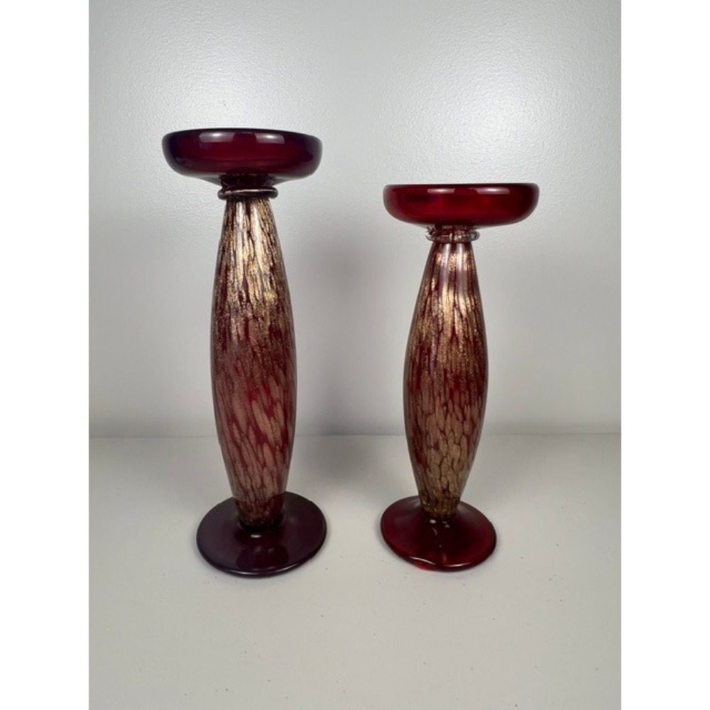 Murano Style Red Gold Fleck Swirl Hand Blown Glass Candlestick Holders Pair MCM